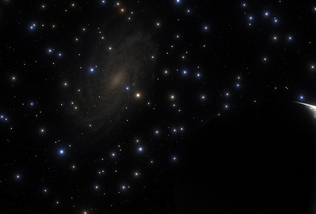 The view of the Milky Way galaxy from a hypothetical planet orbiting a cepheid variable star in NGC 1866. Note the bright stars from the surrounding globular cluster.